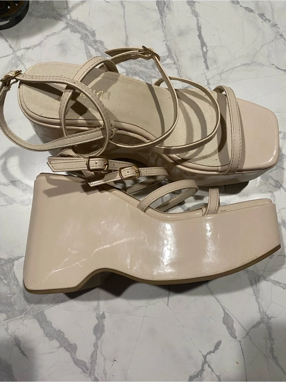 Beige Strappy Platform Wedge Sandals - Women's